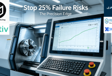 A manufacturing engineer and project manager verify a precision titanium aerospace/medical part on a CMM, analyzing a real-time 3D deviation map and SPC data, with AS9100D/ISO 13485 certifications visible, representing the advanced technical solutions that eliminate failure risks.